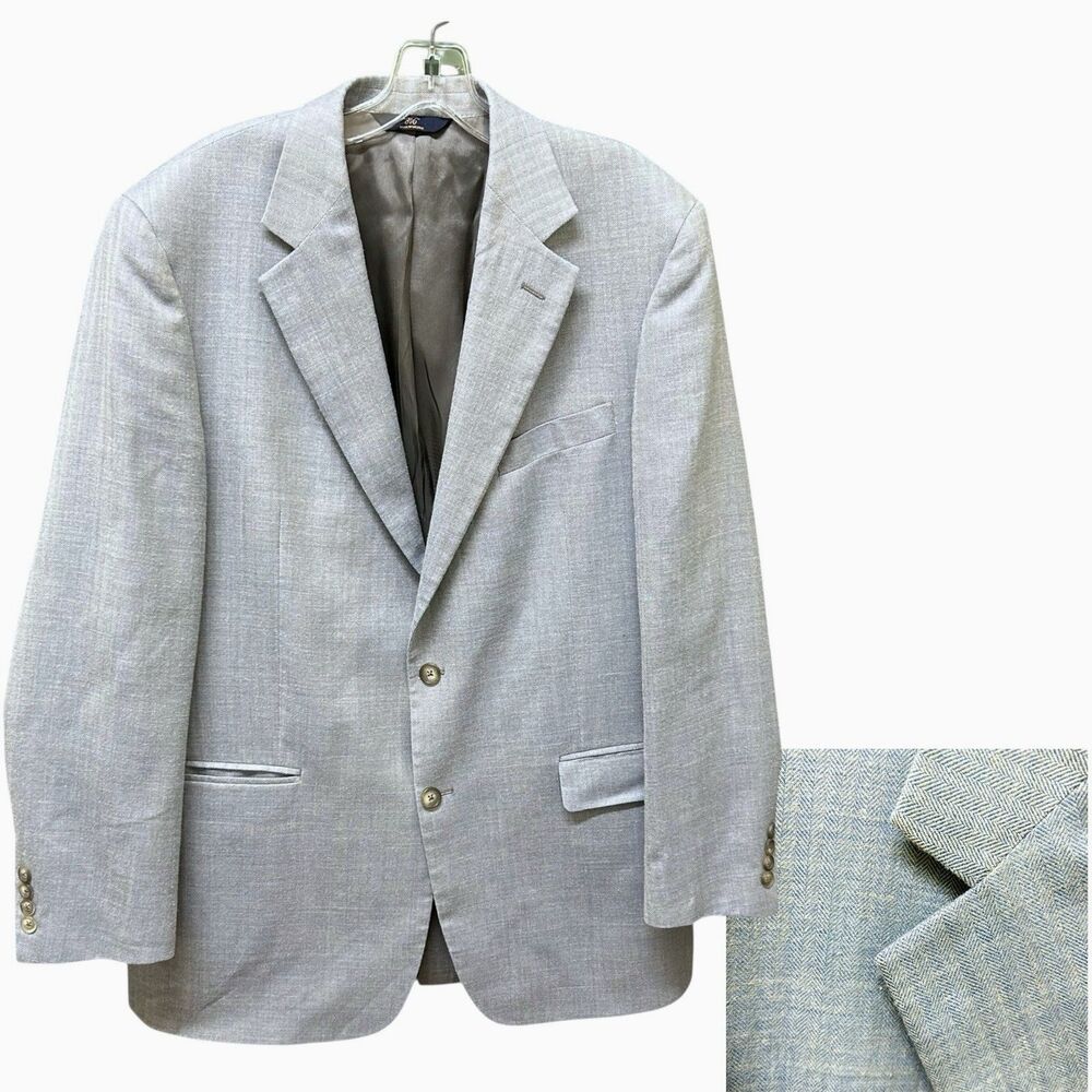 Brooks Brothers Blazer Size 42L Lt Blue Herringbone Silk Wool Linen Coat Jacket